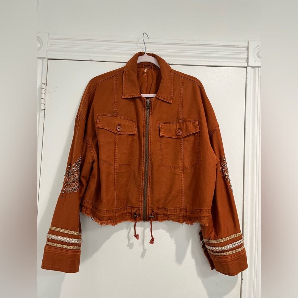 Free People‎ Burnt Orange Cropped Studded Military Jacket Sz. M - Picture 4 of 10